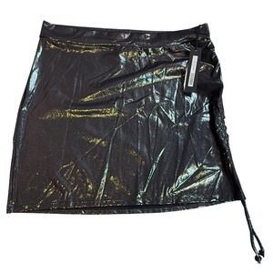 TA3 Metallic Gunmetal Short Swim Skirt Ruched Mini Cover Up Large NWT